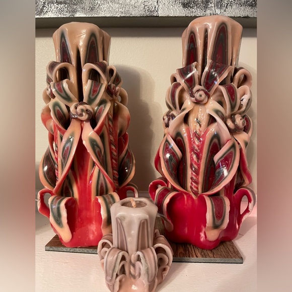 Carved Candles Home Decor Handmade Design Gift Hand Cream Burgundy Set Of Two - Picture 2 of 7